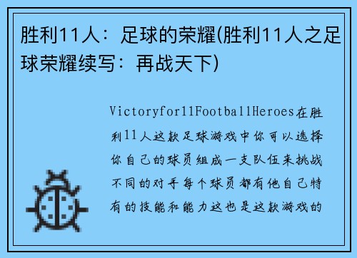 胜利11人：足球的荣耀(胜利11人之足球荣耀续写：再战天下)